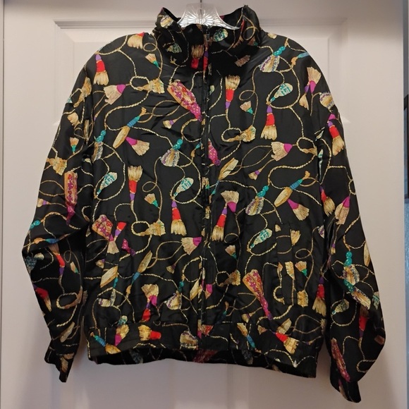 Vintage Rhoda Lynne Jacket Tassel Print Silk Full Zip Windbreaker 80s Size M - Picture 1 of 8